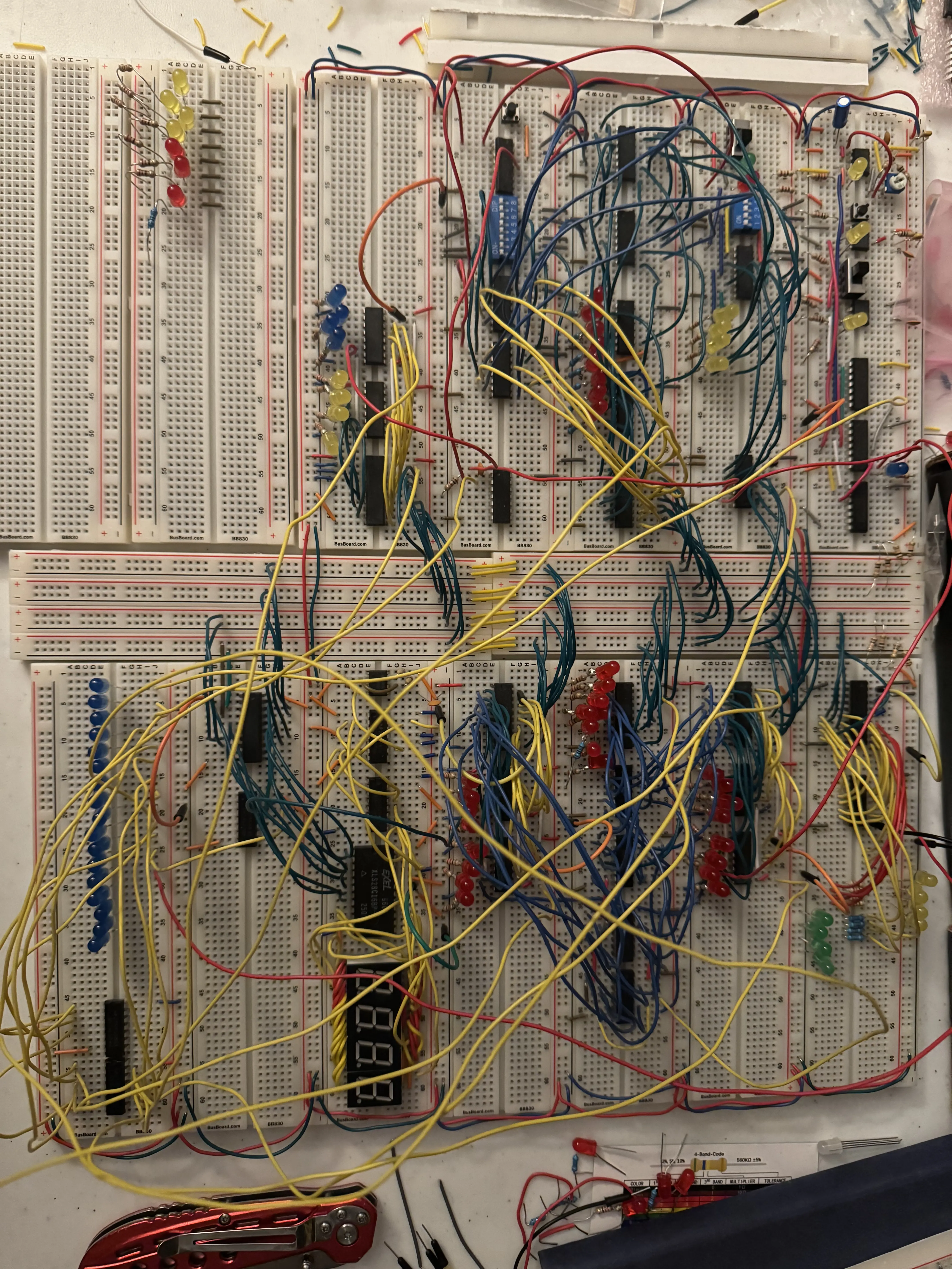 The 8-bit computer built across multiple breadboards with hundreds of jumper wires